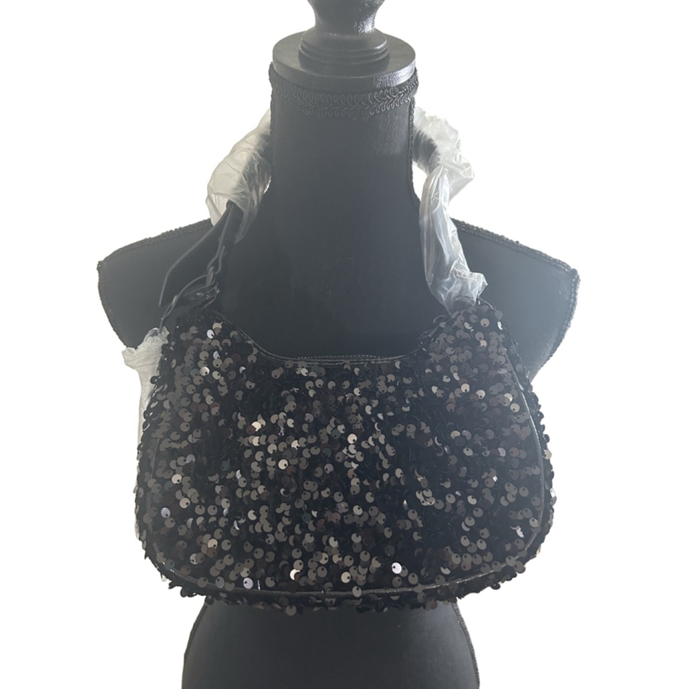 NWT Nicole Miller Black Sequin Shoulder Bag Purse